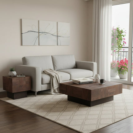 Set Of Two Natural and Brown Solid Wood Square Block Coffee Table