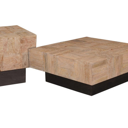 Set Of Two Natural and Dark Brown Solid Wood Square Block Coffee Table