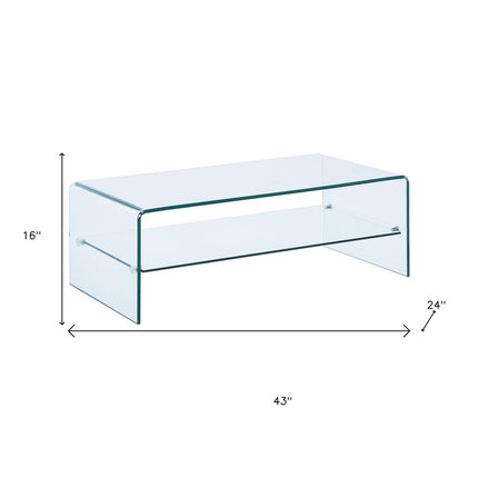 43" Clear Glass Sled Coffee Table With Shelf