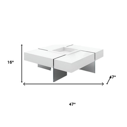 47" White And Clear Wood And Glass Square Sled Coffee Table