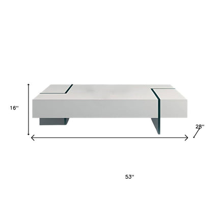 53" White And Clear Wood And Glass Sled Coffee Table