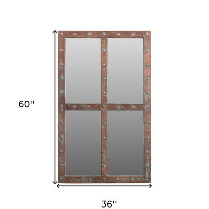 60" Wood Brown Rustic Solid Wood Window Pane Framed Accent Mirror