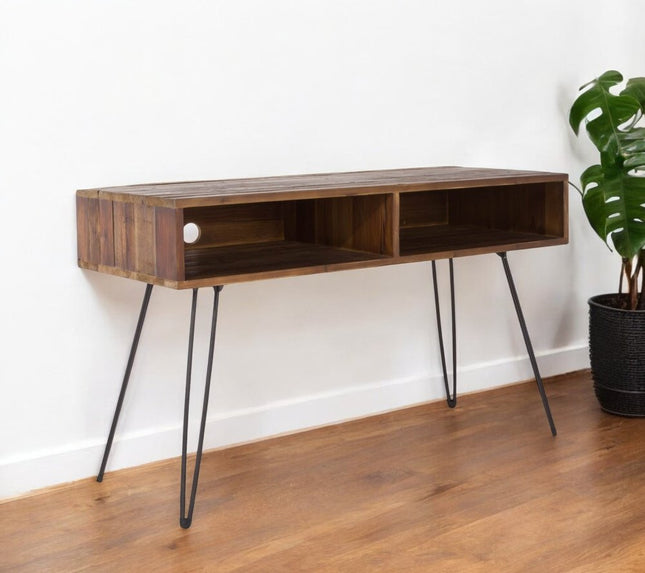 48" Black And Brown Metal And Reclaimed Wood Open Shelving TV Stand