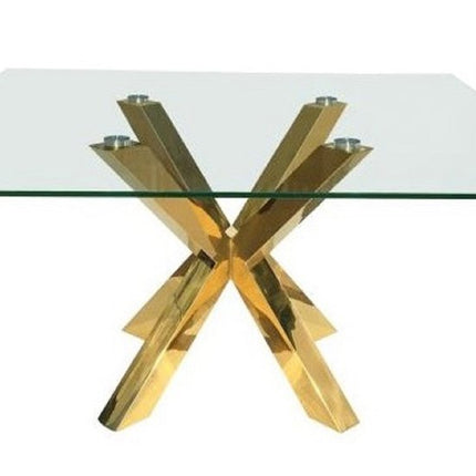 60" Clear and Gold Glass and Metal Cross Leg Base Square Dining Table