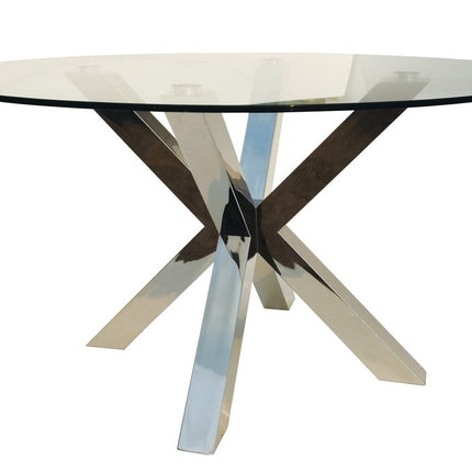 54" Clear and Silver Glass and Metal Cross Leg Base Round Top Dining Table