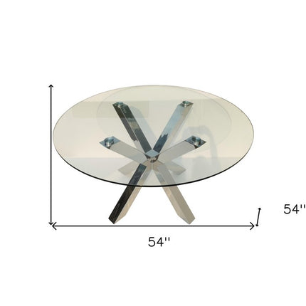 54" Clear and Silver Glass and Metal Cross Leg Base Round Top Dining Table