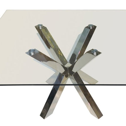 60" Clear and Silver Glass and Metal Cross Leg Base Square Dining Table