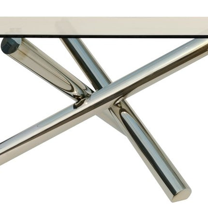 60" Clear and Silver Glass and Metal Cross Leg Base Square Dining Table