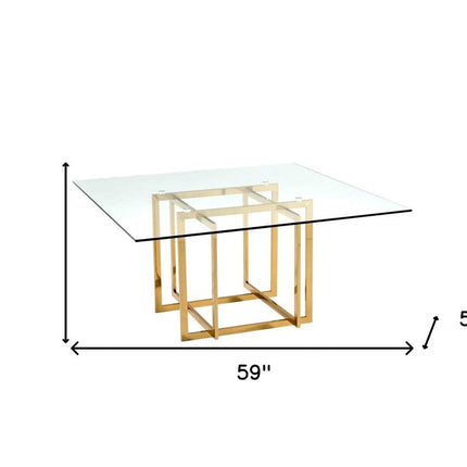 59" Clear and Silver Glass and Metal Pedestal Base Square Dining Table