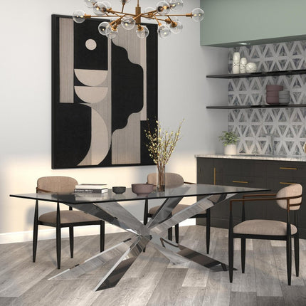 87" Clear and Silver Glass and Metal Cross Leg Base Dining Table
