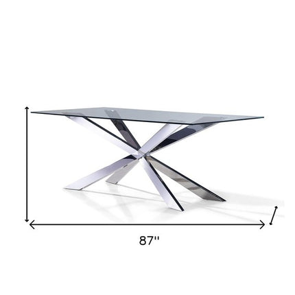 87" Clear and Silver Glass and Metal Cross Leg Base Dining Table