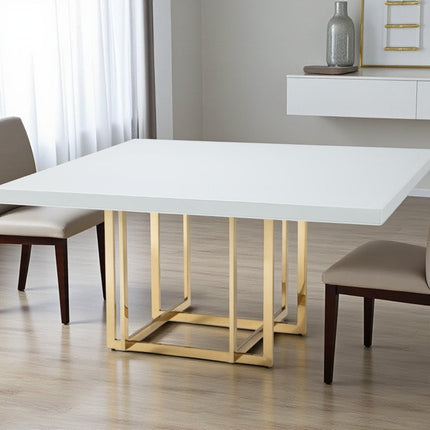 59" White and Gold Wood and Metal Pedestal Base Square Dining Table