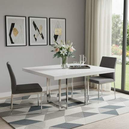 59" White and Silver Wood and Metal Pedestal Base Square Dining Table