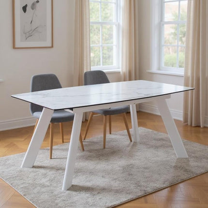 71" Gray and White Ceramic and Metal Self-Storing Leaf Extendable Dining Table