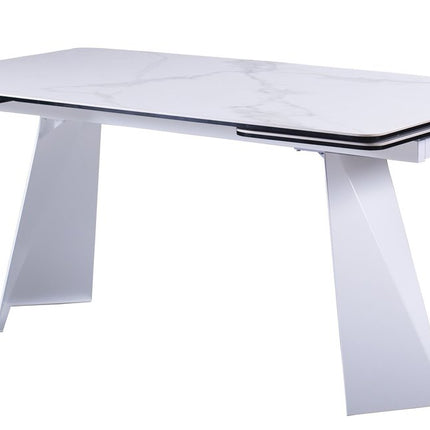 63" White Ceramic and Metal Self-Storing Leaf Pedestal Base Extendable Dining Table