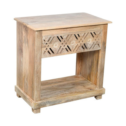 28" Natural Solid Wood Carved Geometric One Drawer Nightstand