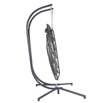 38" Red Gray And Black Faux Rattan Steel Outdoor Folding Egg Chair