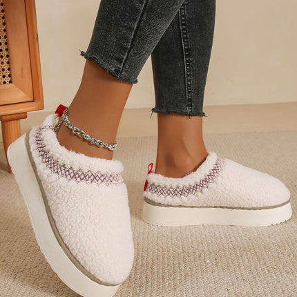 White Embroidered Sherpa Plush Thick Sole Winter Slippers