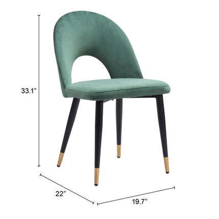 Set of Two Green Black and Gold Upholstered Velvet Open Back Dining Side Chairs