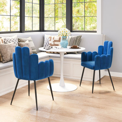 Set of Two Navy Blue and Black Velvet Slat Back Dining Arm Chairs