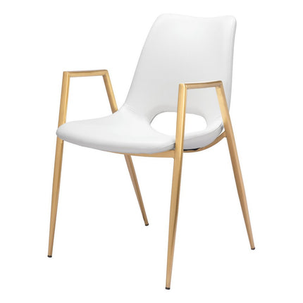 Set of Two White and Gold Faux Leather Open Back Dining Arm Chairs