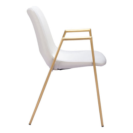 Set of Two White and Gold Faux Leather Open Back Dining Arm Chairs