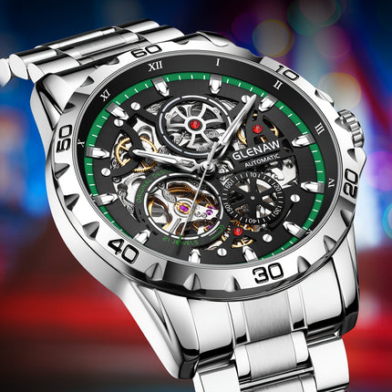 GLENAW Men'S Skeleton Automatic Watch - Stainless Steel Band, Flywheel Movement With Date Display