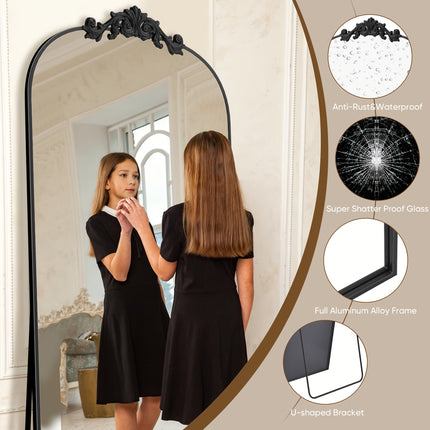 71"x28" Freestanding Arched Mirror with Carved Metal Frame & Bottom - No Assembly Required