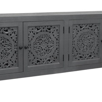86" Dark Gray Carved Floral Distressed Solid Wood Enclosed Storage TV Stand