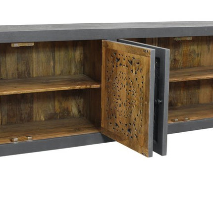 86" Dark Gray Carved Floral Distressed Solid Wood Enclosed Storage TV Stand