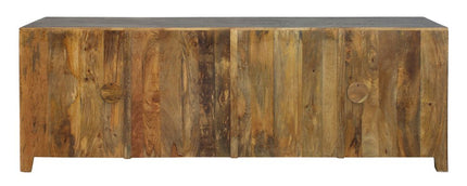 86" Dark Gray Carved Floral Distressed Solid Wood Enclosed Storage TV Stand