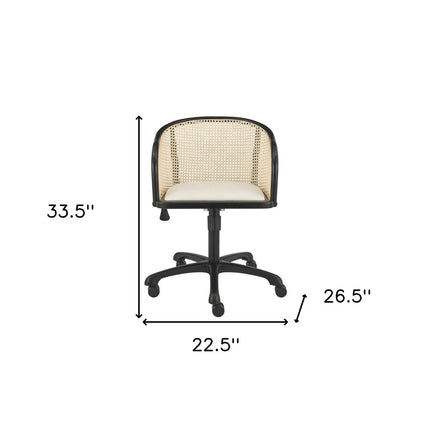 Beige and Black Solid Wood Steel And Cane Rattan Adjustable Swivel Rolling Office Chair