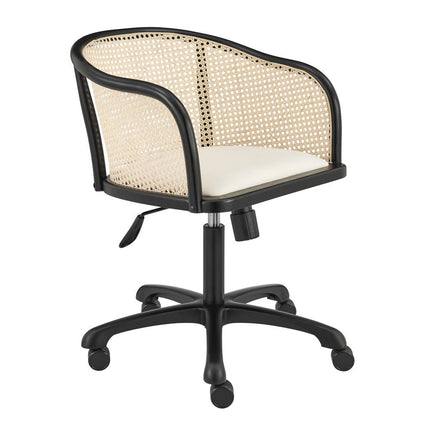Beige and Black Solid Wood Steel And Cane Rattan Adjustable Swivel Rolling Office Chair