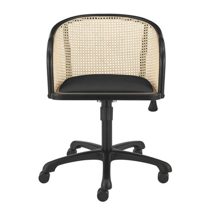 Beige and Black Solid Wood Steel And Cane Rattan Adjustable Swivel Rolling Office Chair