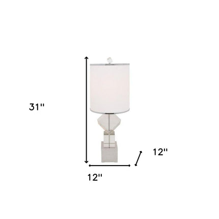 31" Clear And Silver Faux Crystal Geometric Table Lamp LED With White Drum Shade