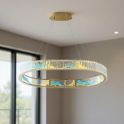 Gold Clear And Blue Geometric Crystal LED Chandelier