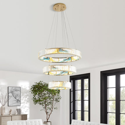 Gold Clear And Blue Geometric Three Light Crystal LED Chandelier