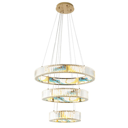 Gold Clear And Blue Geometric Three Light Crystal LED Chandelier