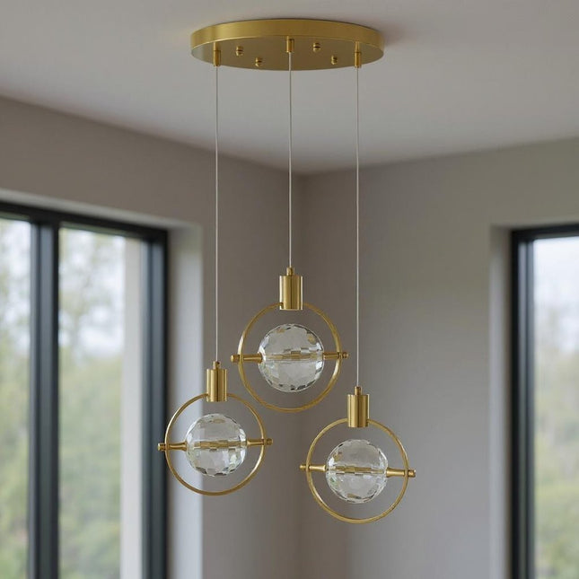 Gold And Clear Geometric Three Light Metal Dimmable Chandelier With Clear Shades