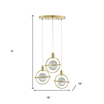 Gold And Clear Geometric Three Light Metal Dimmable Chandelier With Clear Shades