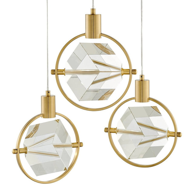 Gold And Clear Geometric Three Light Metal Dimmable Chandelier With Clear Shades