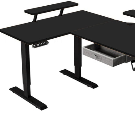 Adjustable Oak and Beige Wood and Metal Corner Rolling T-Shape Standing Desk
