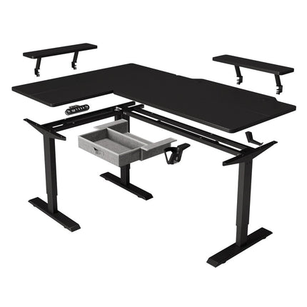 Adjustable Oak and Beige Wood and Metal Corner Rolling T-Shape Standing Desk