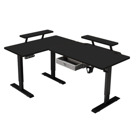 Adjustable Oak and Beige Wood and Metal Corner Rolling T-Shape Standing Desk