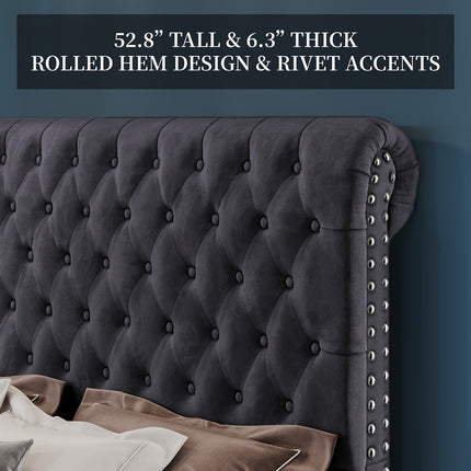 Papajet Fabric-Covered Sleigh Style Bed Frame with Diamond-Studded Headboard