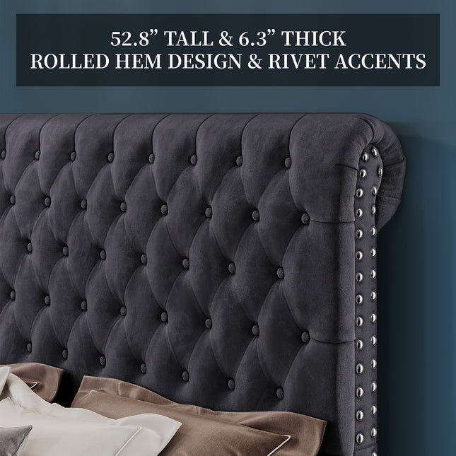 Papajet Fabric-Covered Sleigh Style Bed Frame with Diamond-Studded Headboard