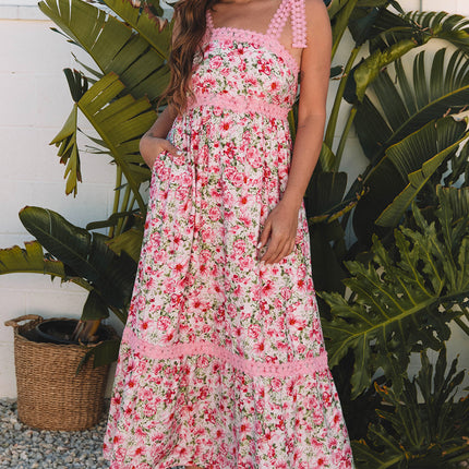 Pink Floral Lace Tied Strap Empire Waist Maxi Dress