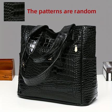 Crocodile Pattern Handbag - Large Capacity, Multi-Pocket Shoulder Handbag with Zipper Closure