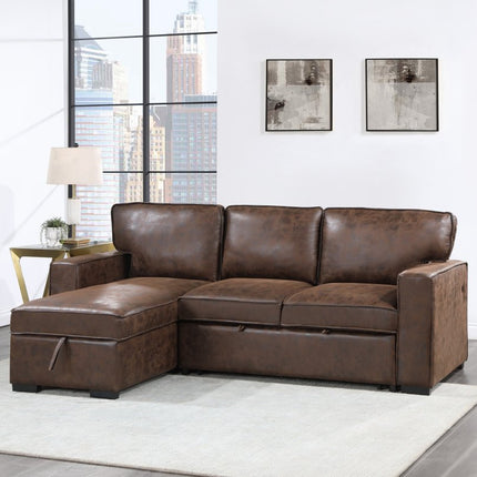 92" Dark Brown Upholstered Sleeper USB Sleeper Sofa Chaise With Toss Pillow
