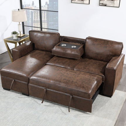 92" Dark Brown Upholstered Sleeper USB Sleeper Sofa Chaise With Toss Pillow